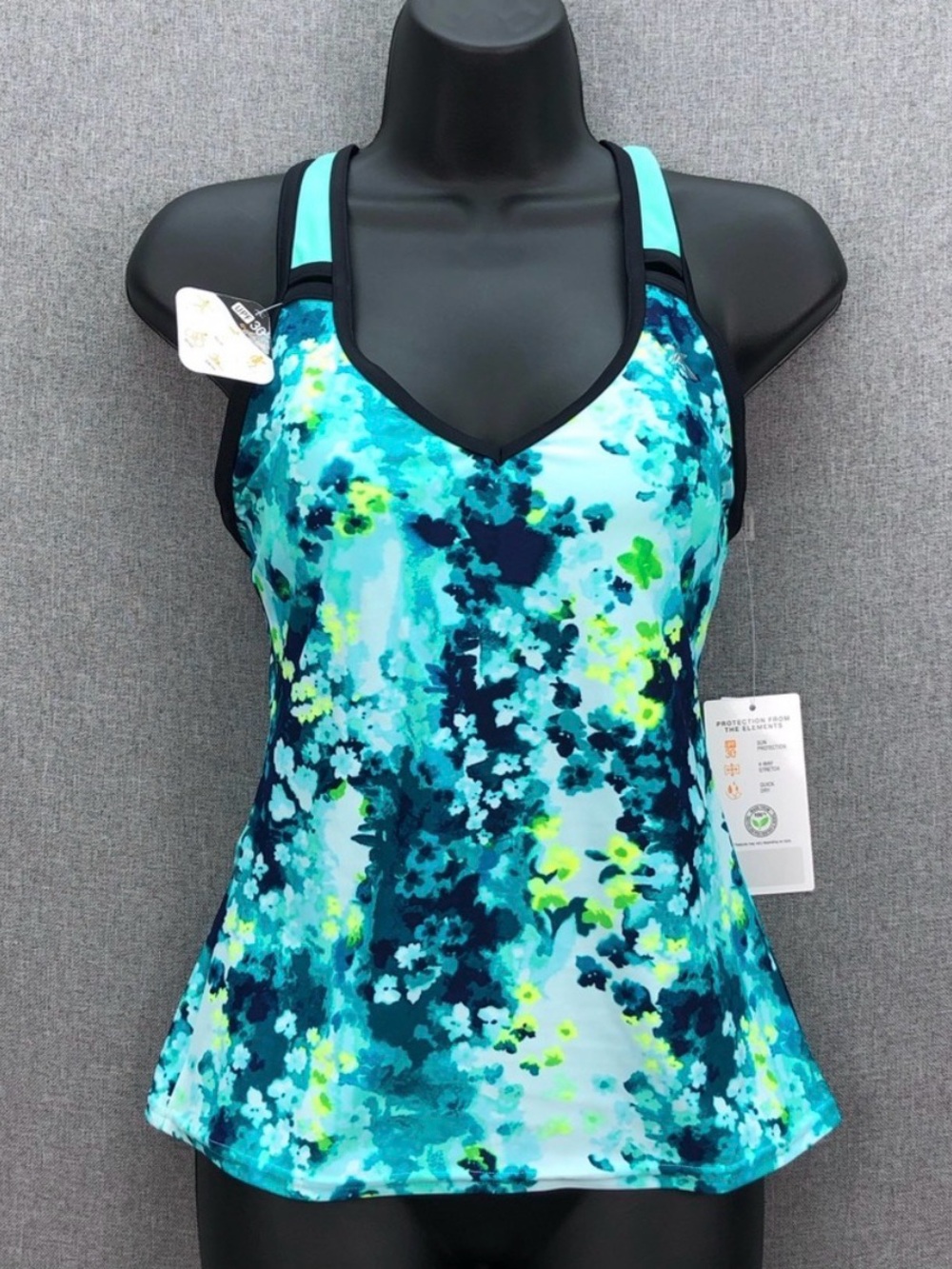 Aqua Floral Strappy Tankini Top